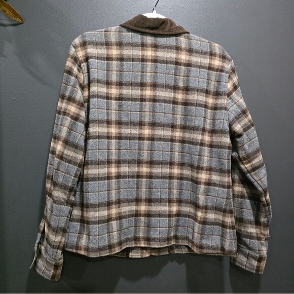 Vtg 90s Wool Blend Brown Tan Plaid Button Shirt Crop Shacket Contrast Collar 12 - Picture 7 of 8